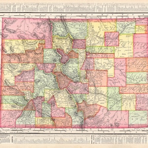 Ancienne carte de l'état du COLORADO, 1907 Rand McNally, carte de l'Atlas du Colorado galerie Art mural déco cadeau d'anniversaire pour mariage d'anniversaire 2019