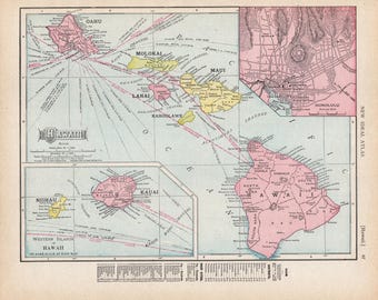 Carte d'Hawaï 1893 - Ancienne carte d'Hawaï, impression vintage, cadre