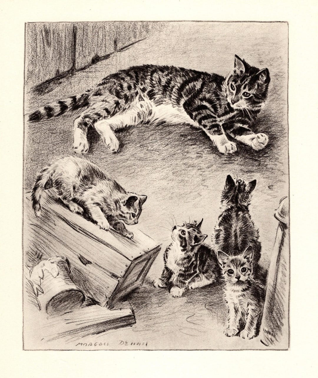 Playful Tabby Cat and Kittens Print Wall Art Decor Vintage Cat Art ...