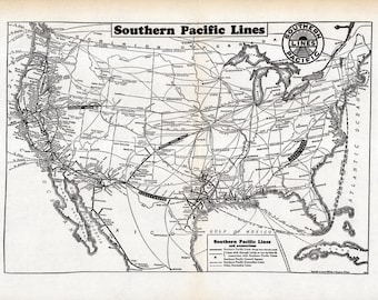 1940 Antique SOUTHERN PACIFIC Lines Railroad Map Southern Pacific Railway Map Birthday Gift for Dad 3548