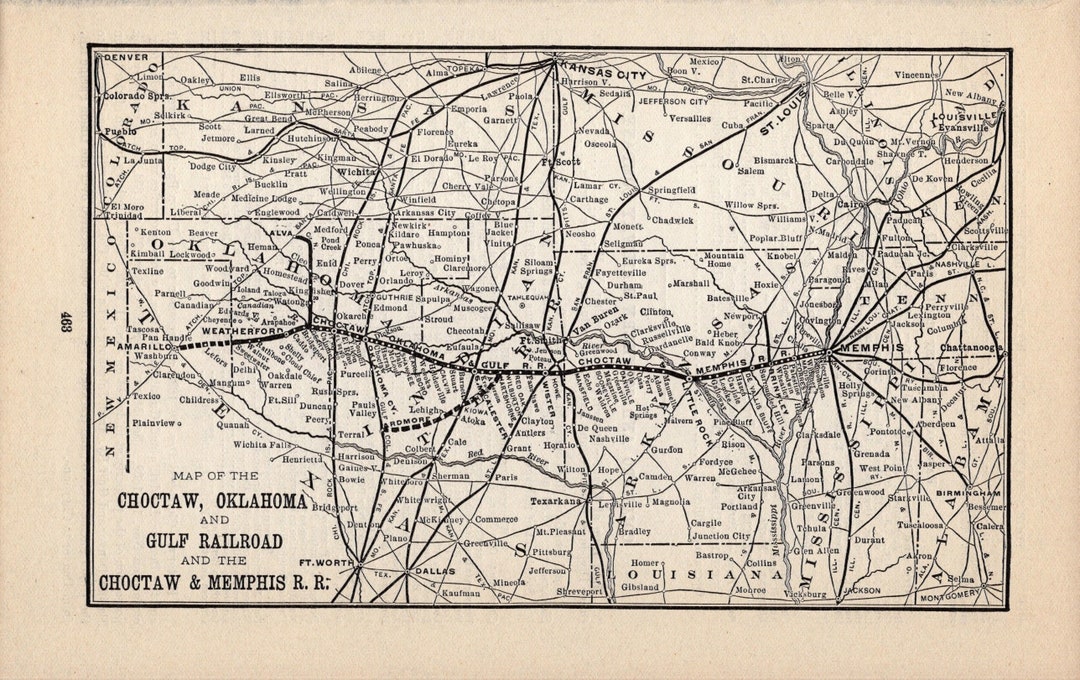 1901 Antique Choctaw Oklahoma and Gulf Railroad Map Choctaw Etsy