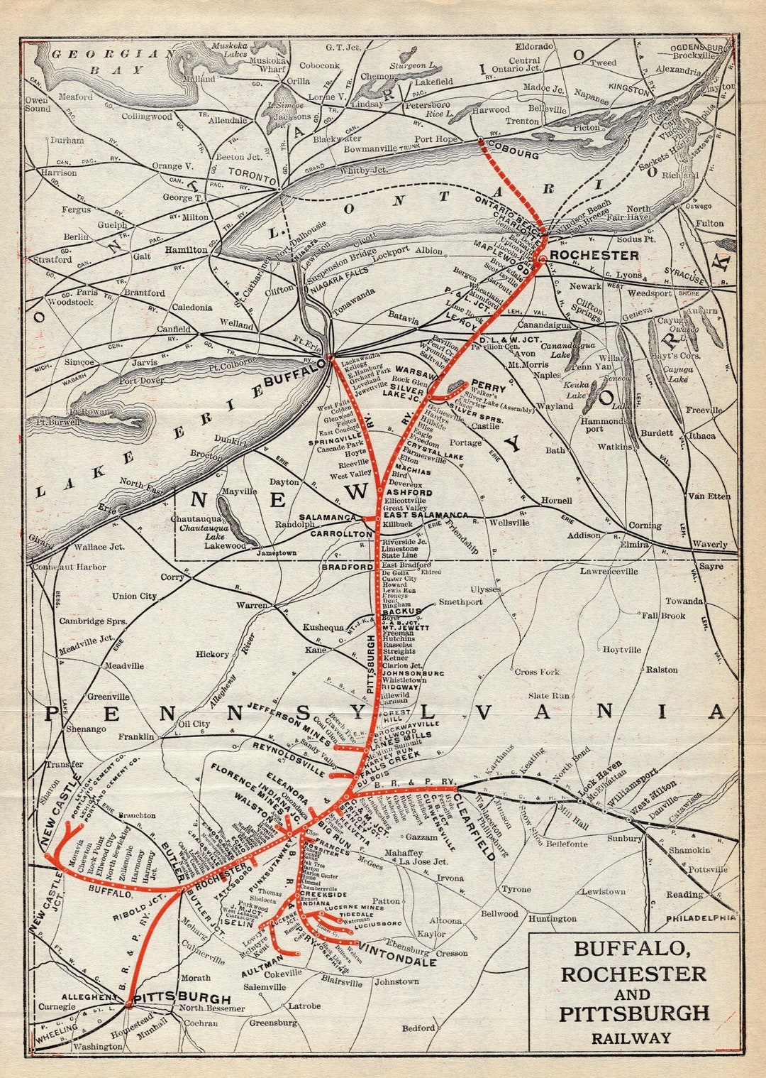 1917 Antique Buffalo Rochester and Pittsburgh Railway Map Railroad Map ...