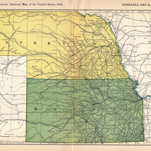 Mapa antiguo de ferrocarriles de Nebraska y Kansas de 1904 Union Pacific Rock Island Pacific Atchison Topeka Santa Fe Chicago Northwestern Railroad 3054