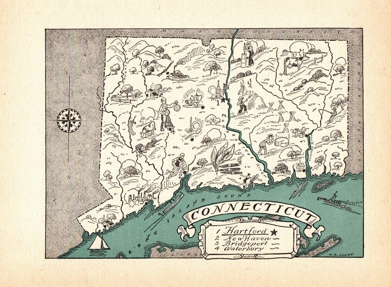 1930s Antique Animated Connecticut State Map Blue Cartoon Map Wall Art Housewarming Gift for Anniversary Wedding Birthday 10551