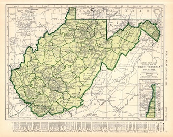 Mapa antiguo del estado de Virginia Occidental de 1942. Mapa vintage de Virginia Occidental. Decoración de pared para galería. Regalo para cumpleaños, bodas y aniversarios. 2954