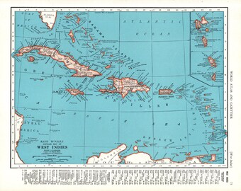 1945 Antique CARIBBEAN Map West Indies Islands Beach House Ocean Decor Gallery Wall Art Gift for Traveler Anniversary Birthday Wedding 1813