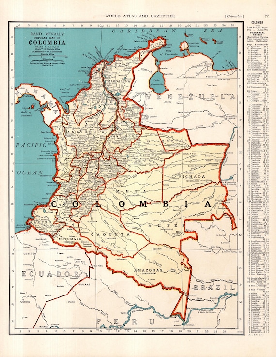 1942 Vintage Colombia Map Atlas Map of Colombia South America