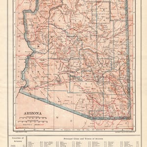 Carte de l'Arizona antique 1914, carte de l'état de l'Arizona, bibliothèque murale, décoration, cadeau pour enseignant, anniversaire de mariage, anniversaire de mariage 3186