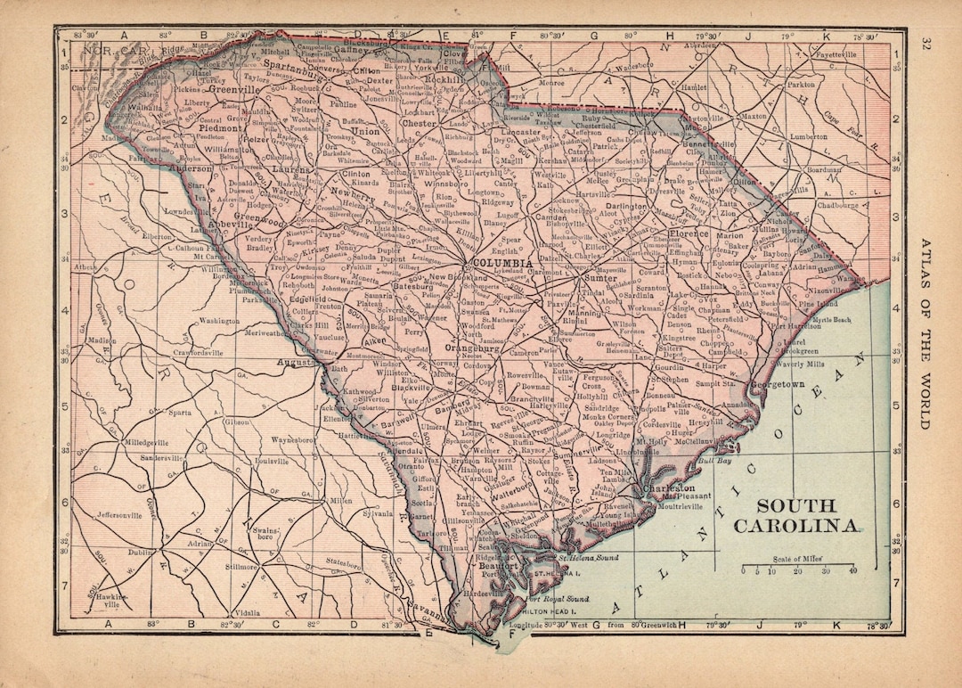 1915 Antique South Carolina State Map Vintage Atlas Map Gallery Wall ...