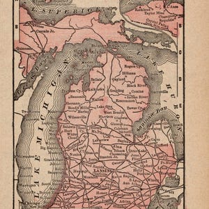 Petite carte du MICHIGAN 1888 vintage carte de l'état du Michigan carte miniature cadeau de mariage pour l'anniversaire de remise des diplômes 2743