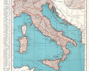 Mapa de Italia de 1943. Mapa antiguo de Italia. Atlas. Decoración de pared para galería o biblioteca. Regalo de aniversario, graduación, cumpleaños o boda. 3961