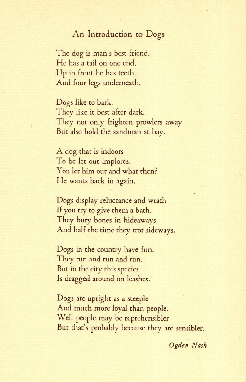 1940s Vintage Dog Poem Print Ogden Nash Mans Best Friend Dog Etsy