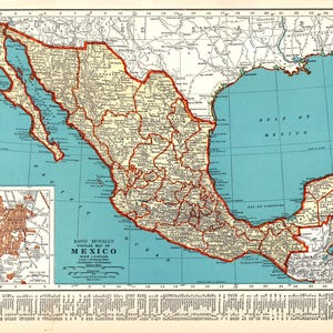 Mappa del Messico d'epoca del 1940, antica mappa atlante del Messico, decorazione da parete per insegnanti, regalo per compleanno, anniversario di matrimonio 3203