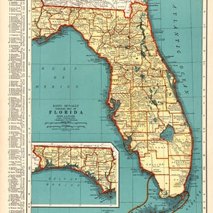 Könnte beinhalten: Eine historische Rand McNally-Karte von Florida mit einer beigen Landmasse, schwarzen Textbeschriftungen für Landkreise und Städte, umgeben von einem blaugrünen Ozean. Die Karte enthält einen Maßstab, eine Liste der Städte und einen Kartenausschnitt.