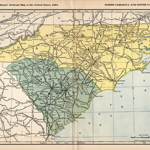 Mappa antica delle ferrovie del Nord e del Sud della Carolina del 1901, linea costiera atlantica, linea aerea costiera, mappa ferroviaria meridionale 2731