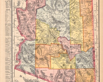 1907 Antique ARIZONA State Map Vintage Map of Arizona Gallery Wall Art Library Decor Anniversary Gift for Birthday Graduation Wedding 3063