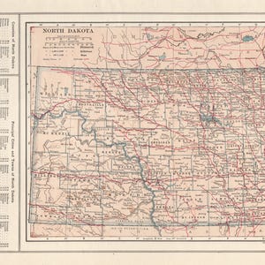 Carte vintage de l'état du DAKOTA DU NORD, 1906, carte du Dakota du Nord, décoration murale murale, cadeau pour anniversaire de mariage, anniversaire 2720