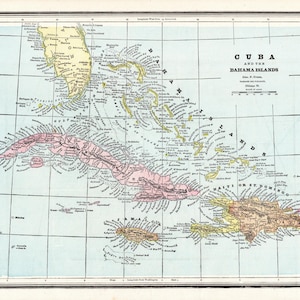 Ancienne carte des BAHAMAS et CUBA, 1891, carte des îles des Bahamas, George Cram, plage de la Jamaïque, décoration murale pour anniversaire de mariage, cadeau pour anniversaire de mariage 3178
