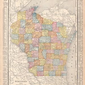 1912 Antique WISCONSIN State Map of Wisconsin Home Decor Gallery Wall Art  Housewarming Gift For Wedding Birthday Anniversary 3196