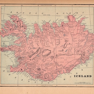 Carte ancienne de l'Islande, 1895, carte Gaskell de l'Atlas de l'Islande, cadeau de décoration murale pour un anniversaire, voyage, remise des diplômes, anniversaire de mariage 2090