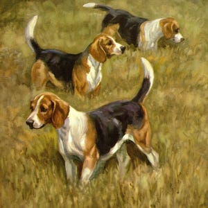 May include: A painting of three beagle dogs in a field of tall grass. The dogs are black, brown, and white. The dogs are looking to the right of the image. The painting is signed "Edwin Megargee".