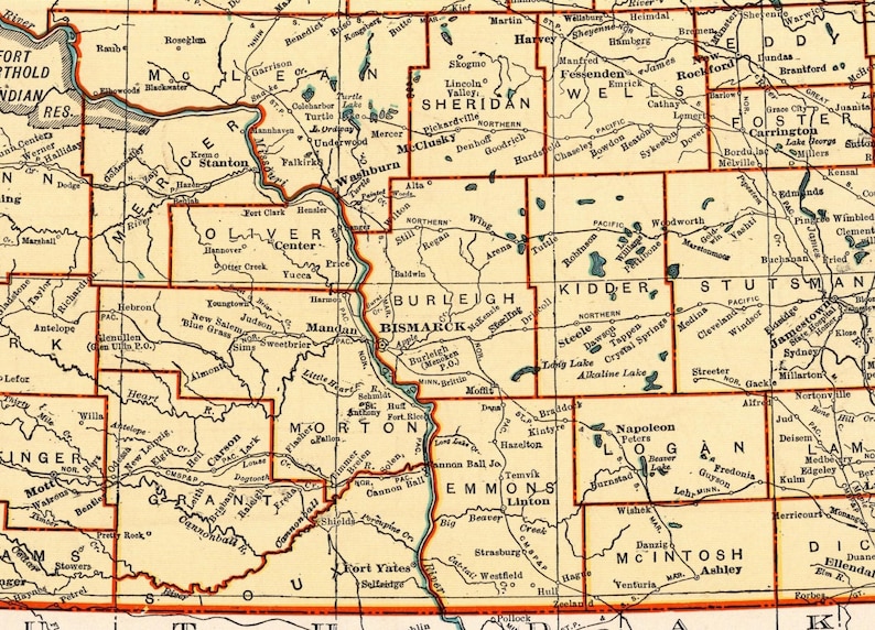 May include: A detailed vintage map of a region, likely a state or county, with numerous place names and geographical features. The map is in sepia tones, with a network of roads and rivers. The names of cities and towns are clearly labeled.