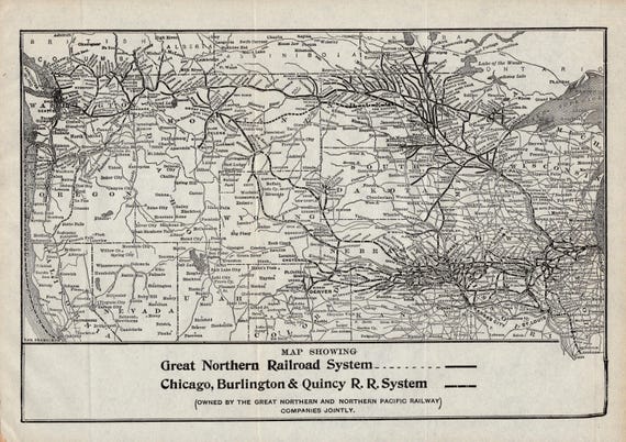 1918 Antique GREAT NORTHERN Railroad Map Chicago Burlington Quincy Railroad Map Birthday Gift for Dad 3223