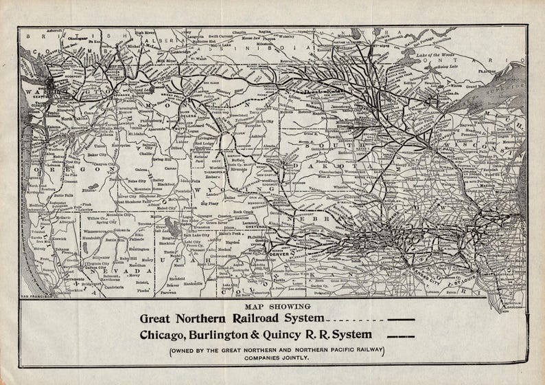 1918 Antique GREAT NORTHERN Railroad Map Chicago Burlington Quincy Railroad Map Birthday Gift for Dad 3223 image 1