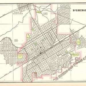 Antique de Birmingham, Alabama, 1901, carte de la ville de Birmingham, carte de George Cram, galerie de cartes de l'atlas, décoration murale, cadeau 10871