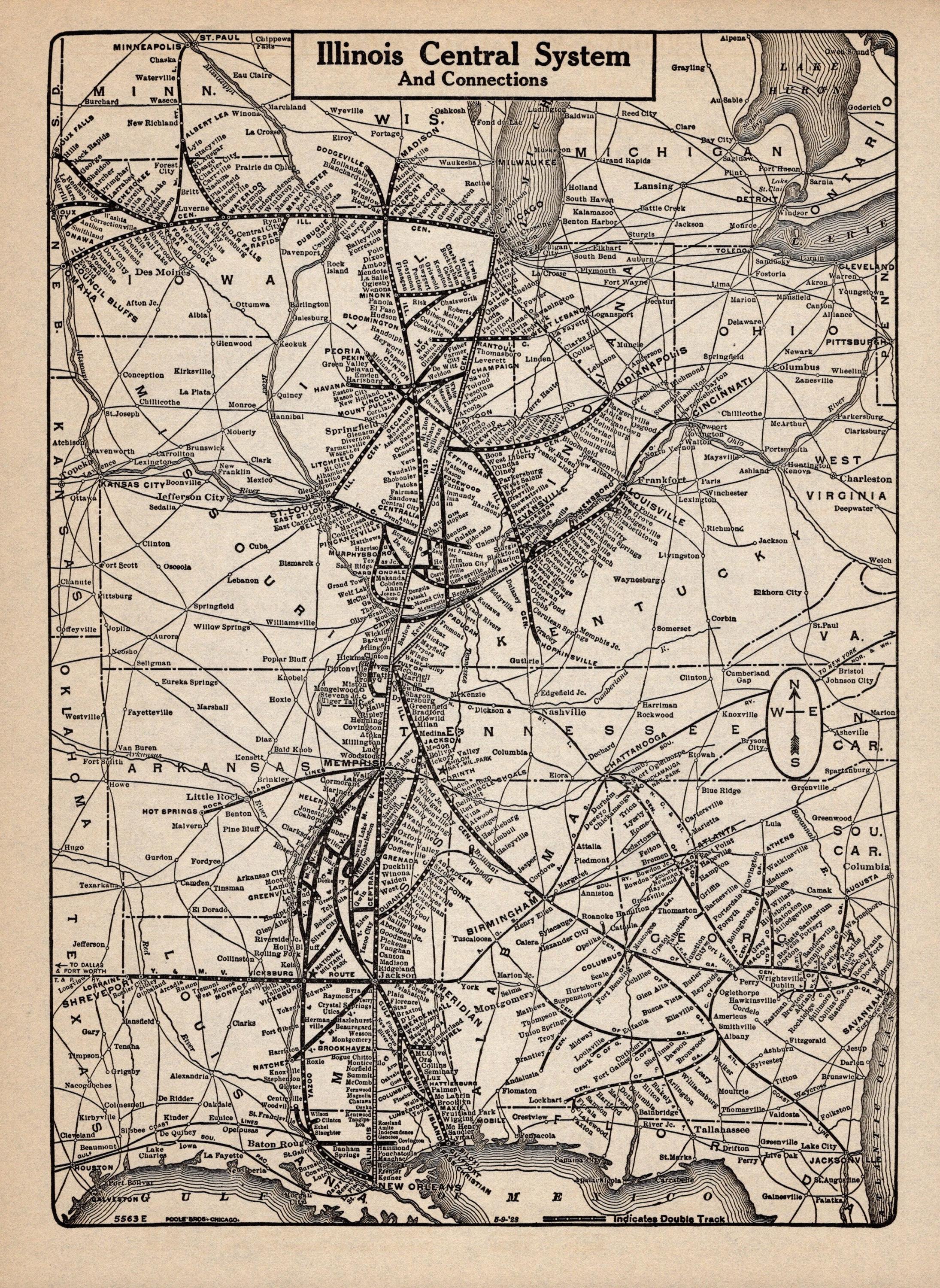 1928 Antique ILLINOIS CENTRAL Railroad Map Vintage Railway Map
