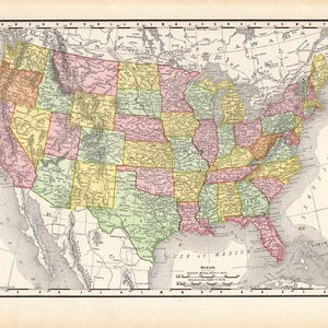 1907 Antique UNITED STATES Map of the United States Usa Map Wall Art Anniversary Gift for Birthday Wedding Traveler 2517