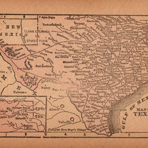 1888 Tiny TEXAS State Map Antique Miniature Size Map of Texas Gallery Wall Decor  Gift For Friend Birthday 2227