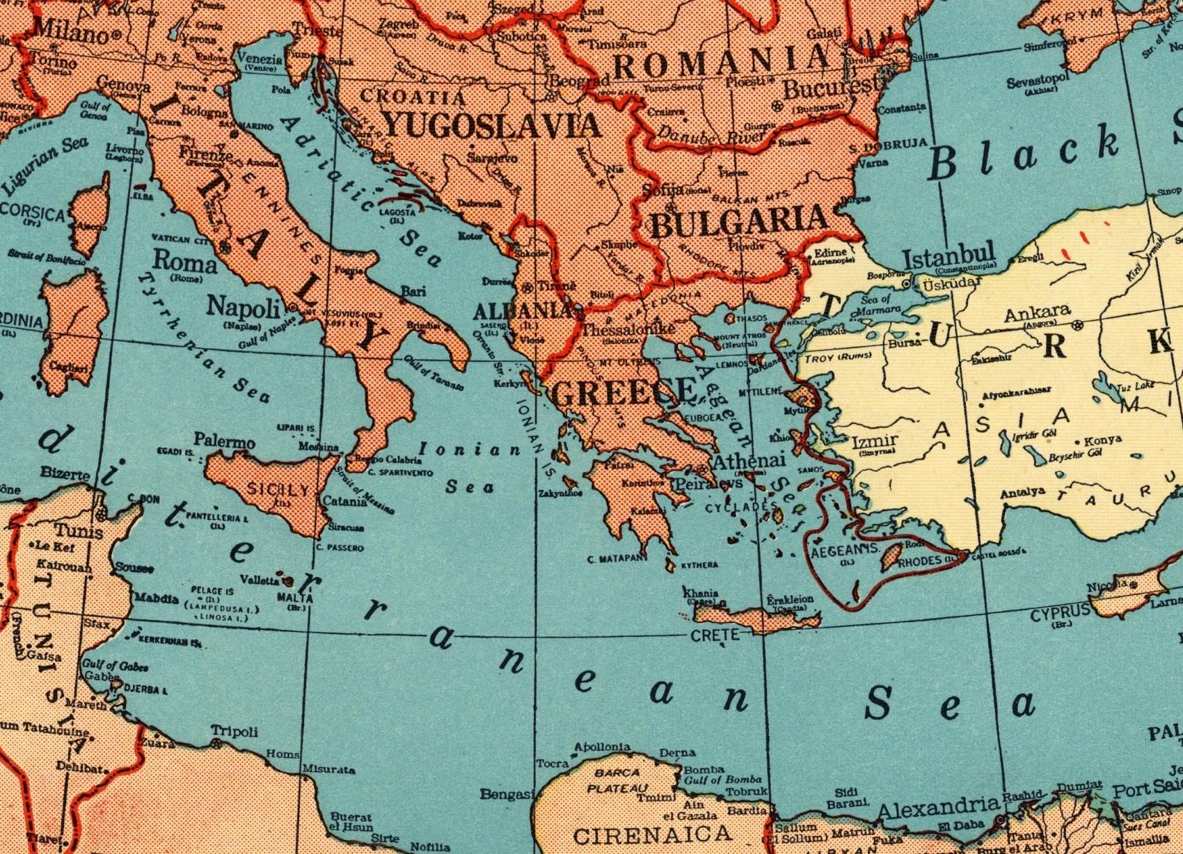 1942年 戦時中のヨーロッパ地図 ヨーロッパのヴィンテージ地図 地中海