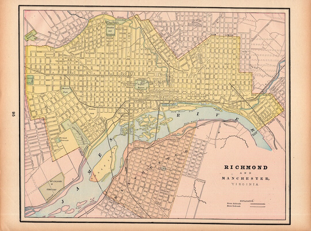 1895 Antique RICHMOND Virginia Street Map Vintage Cram Etsy