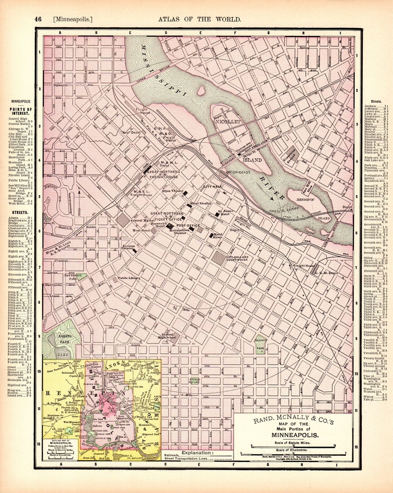 1901 Antique MINNEAPOLIS Street Map of Minneapolis City Map Gallery Wall Art Wedding Gift for Birthday Travel Graduation 11643