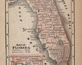 1888 Tiny FLORIDA State Map Antique Miniature Map of Florida Gallery Wall Art Wedding Gift For Anniversary Birthday 3834