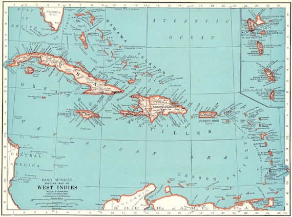 1942 Antique CARIBBEAN Map West Indies Islands Beach House | Etsy