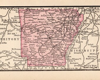 1888 Tiny ARKANSAS State Map Antique Miniature Map of Arkansas Gallery Wall Art Birthday Wedding Anniversary Gift 763