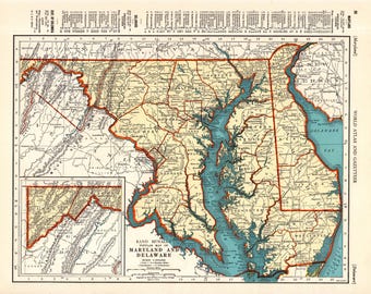 1940 Antique MARYLAND State Map DELAWARE State Map Wall Decor Gift for Birthday Wedding Graduation 3015