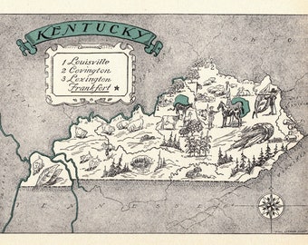 Kentucky Map of Kentucky Wall Decor Art Vintage Old 1930s Original Wedding Gift Idea For Him Print Old