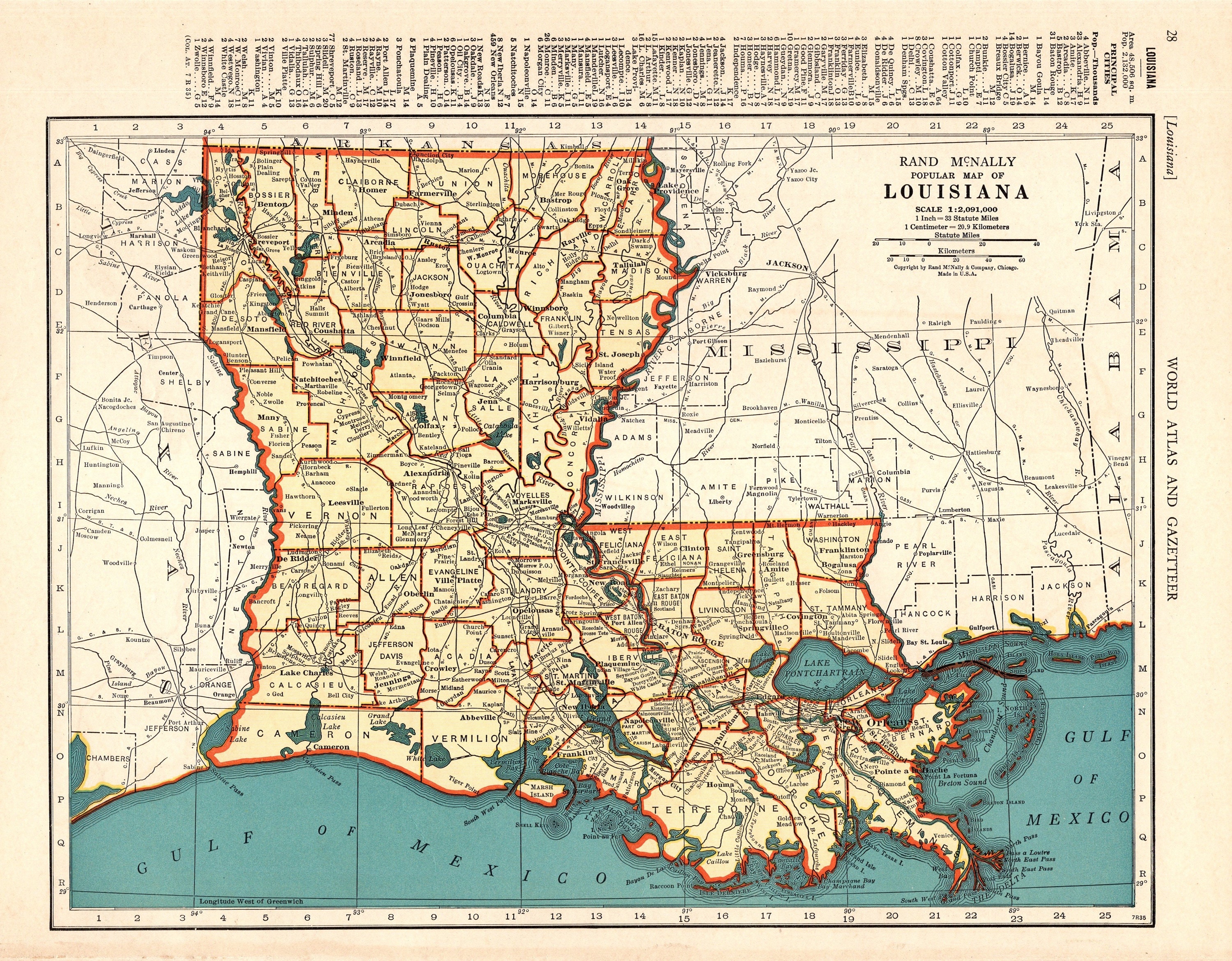1939 Vintage Louisiana State Map of Louisiana Gallery Wall 