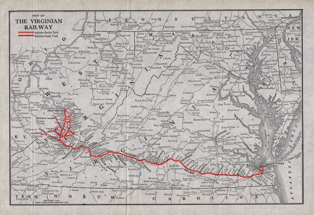 1924 Antique Virginian Railway Map Vintage Virginia Railroad Map ...