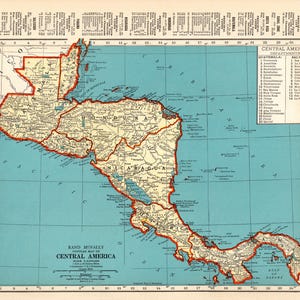 Carte de l'AMÉRIQUE CENTRALE antique des années 1940, carte du Costa Rica, carte du Guatemala, Panama, cadeau d'anniversaire de mariage, 3236