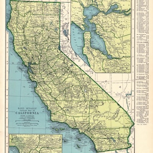 Carte de l'état de la Californie, vintage 1942, décoration murale, carte ancienne de la Californie, galerie de cadeaux, décoration murale, cadeau de pendaison de crémaillère, anniversaire de mariage 2935