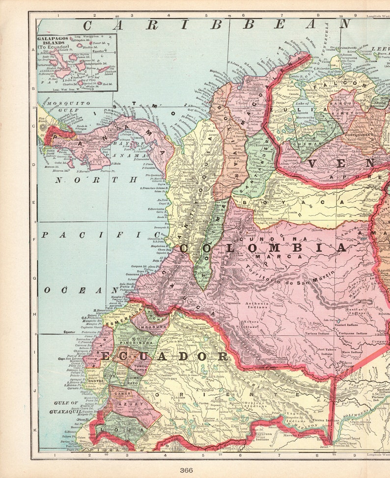 1901 Antique COLOMBIA Map Venezuela Map Ecuador Map Home Decor - Etsy