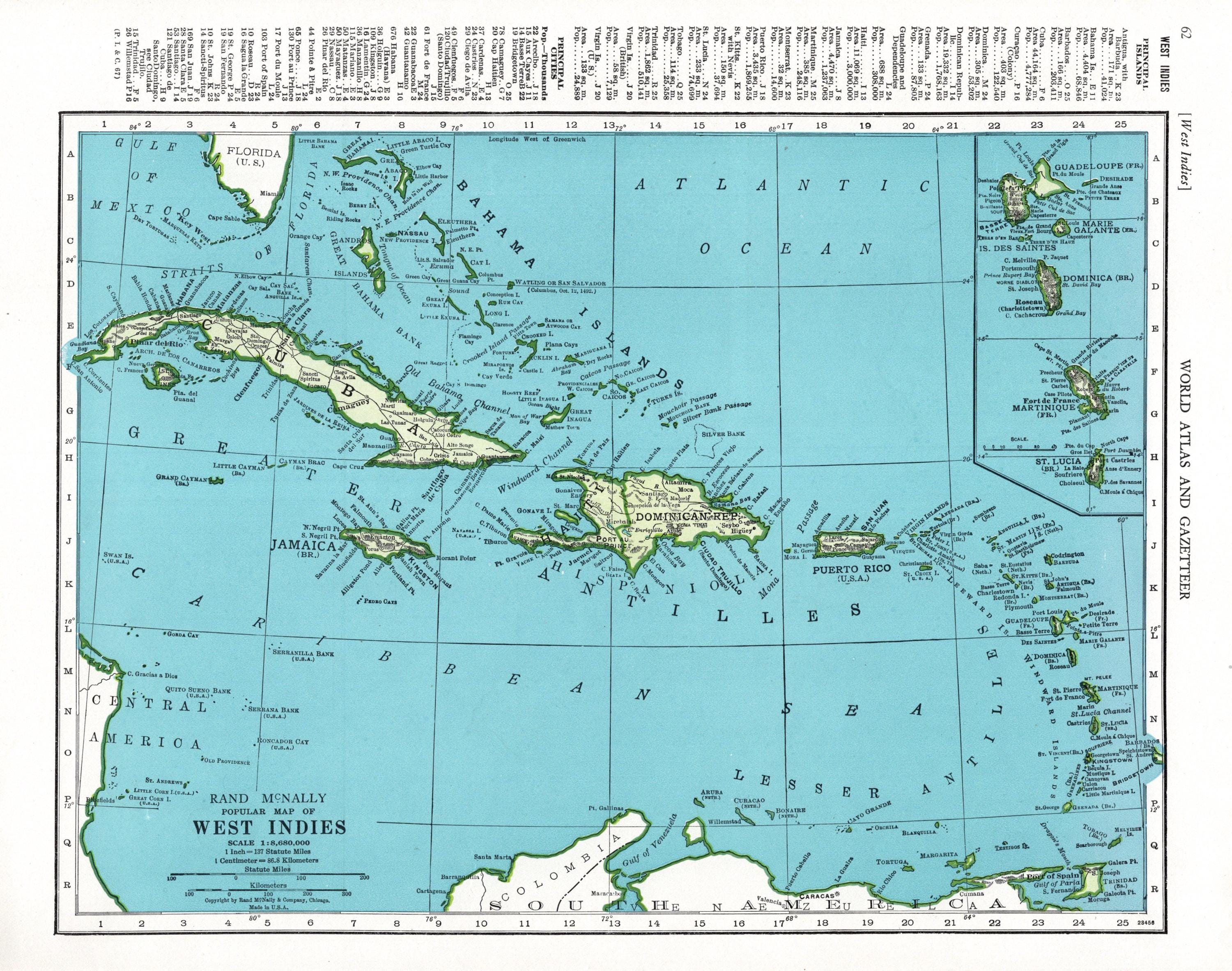 1947年 ヴィンテージ カリブ海地図 西インド諸島地図 ビーチハウス 海