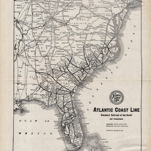 1926 Antique Atlantic Coast Line Railroad Map  Railway System Map Wall Decor Birthday Gift for Dad 3725