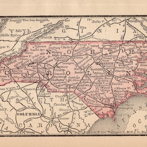 1888 Tiny NORTH CAROLINA Map Antique North Carolina State Map MINIATURE Map North Carolina Gift Gallery Wall Decor 3046