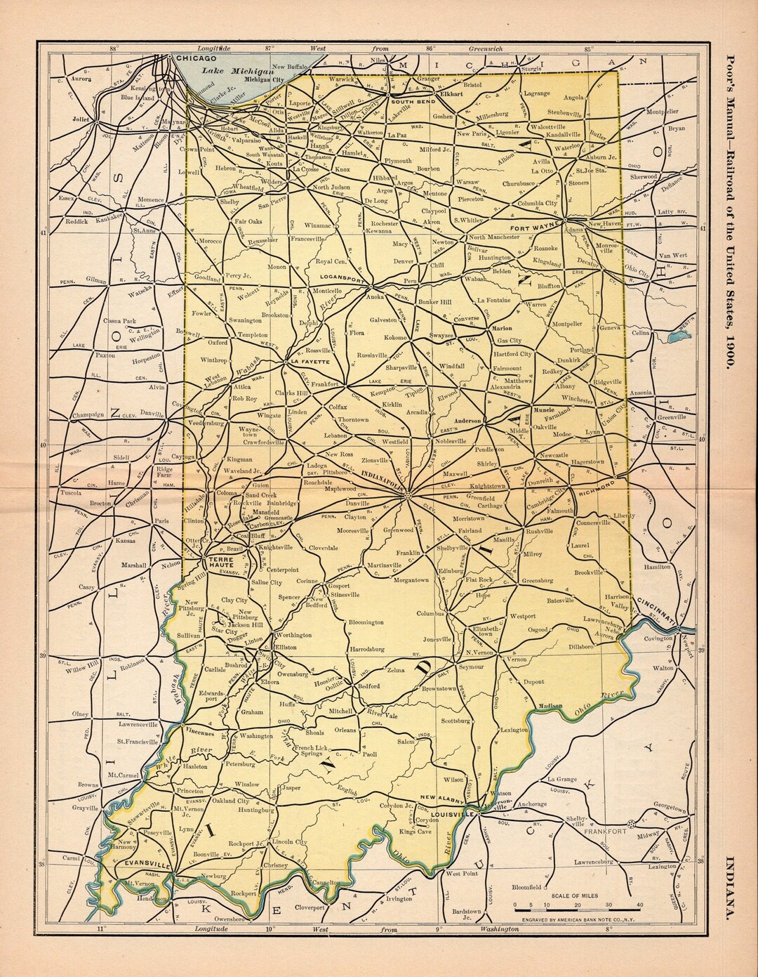 1901 Antique Indiana Railroad Map Pennsylvania Illinois Etsy
