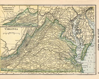 Mapa antiguo del estado de Virginia de 1917. Pequeño mapa vintage de Virginia para decoración de pared de galería. Regalo de Virginia para aniversario de bodas o cumpleaños. HAW 4077